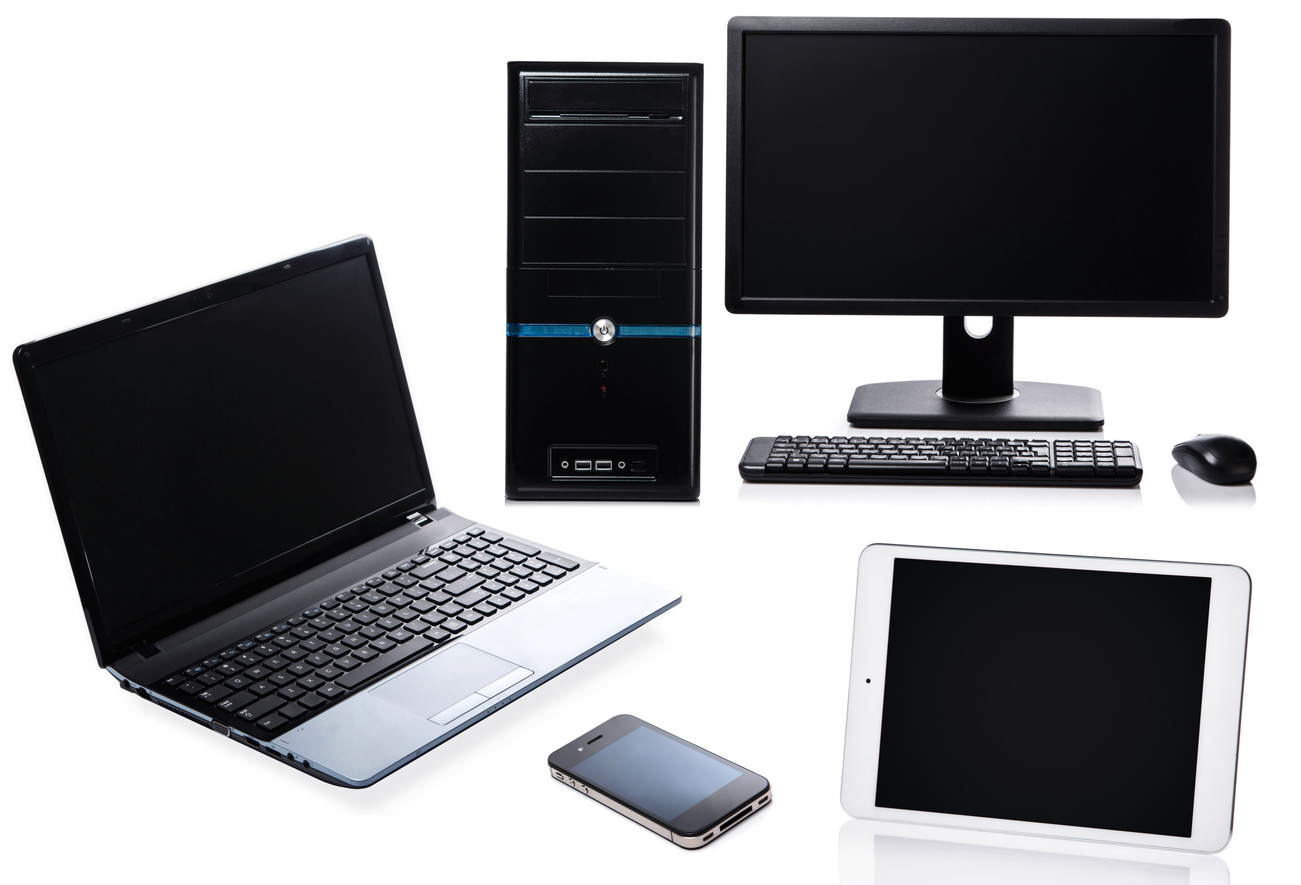 Different computer devices on white background